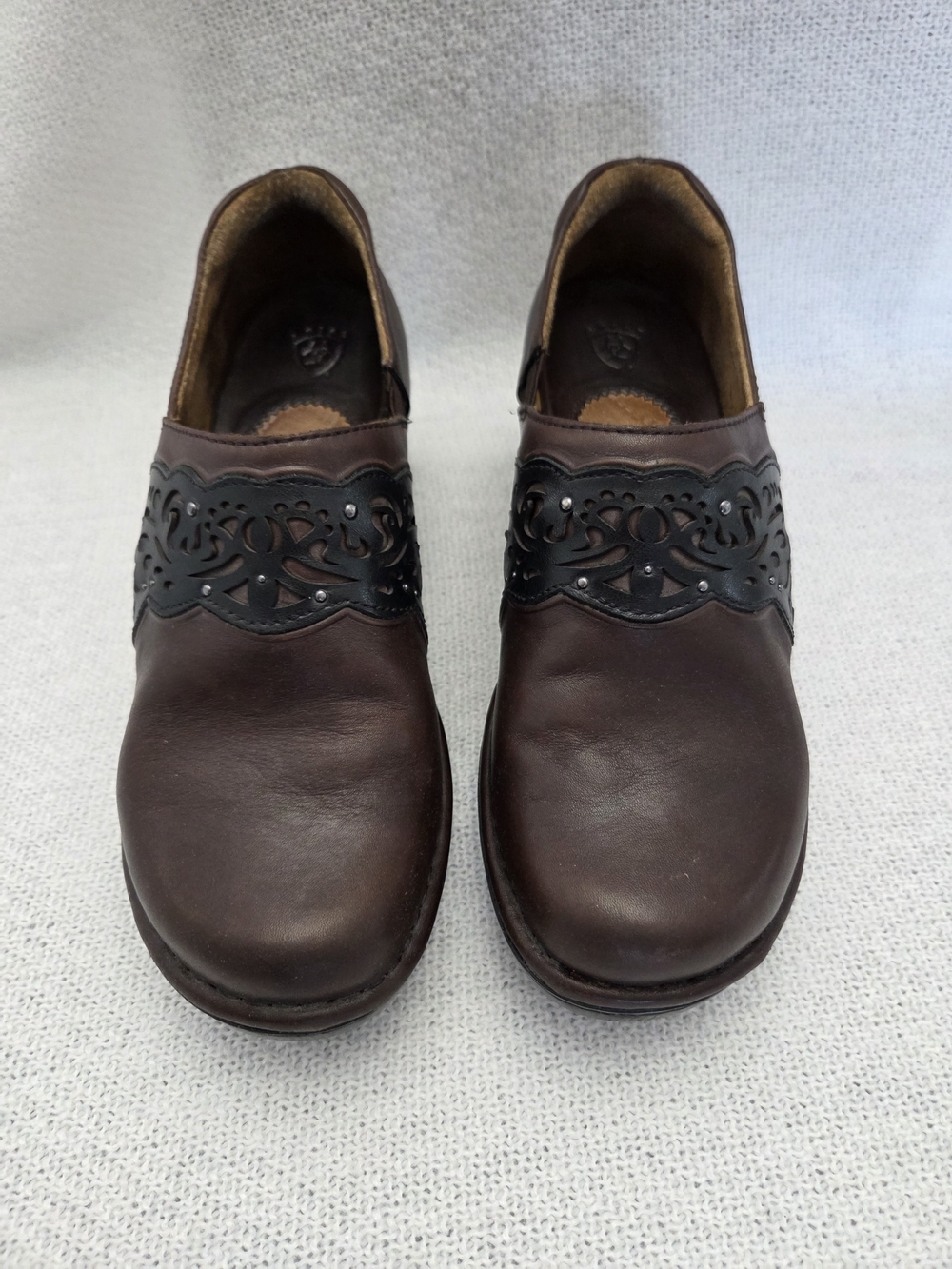Ariat Brown Leather Slip-On Clogs with Black Decorative Overlay - Picture 5 of 6
